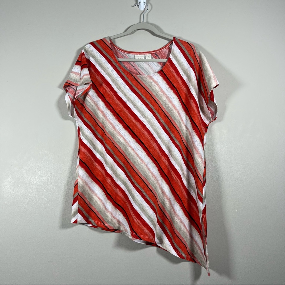Chico’s Striped Asymmetrical Short Sleeve Top Women’s Size 3